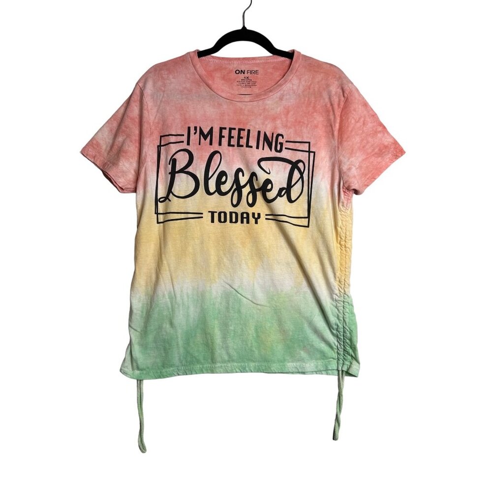 On Fire Womens 1X Shirt Feeling Blessed Adjustable Ruched Sides Tye Dye